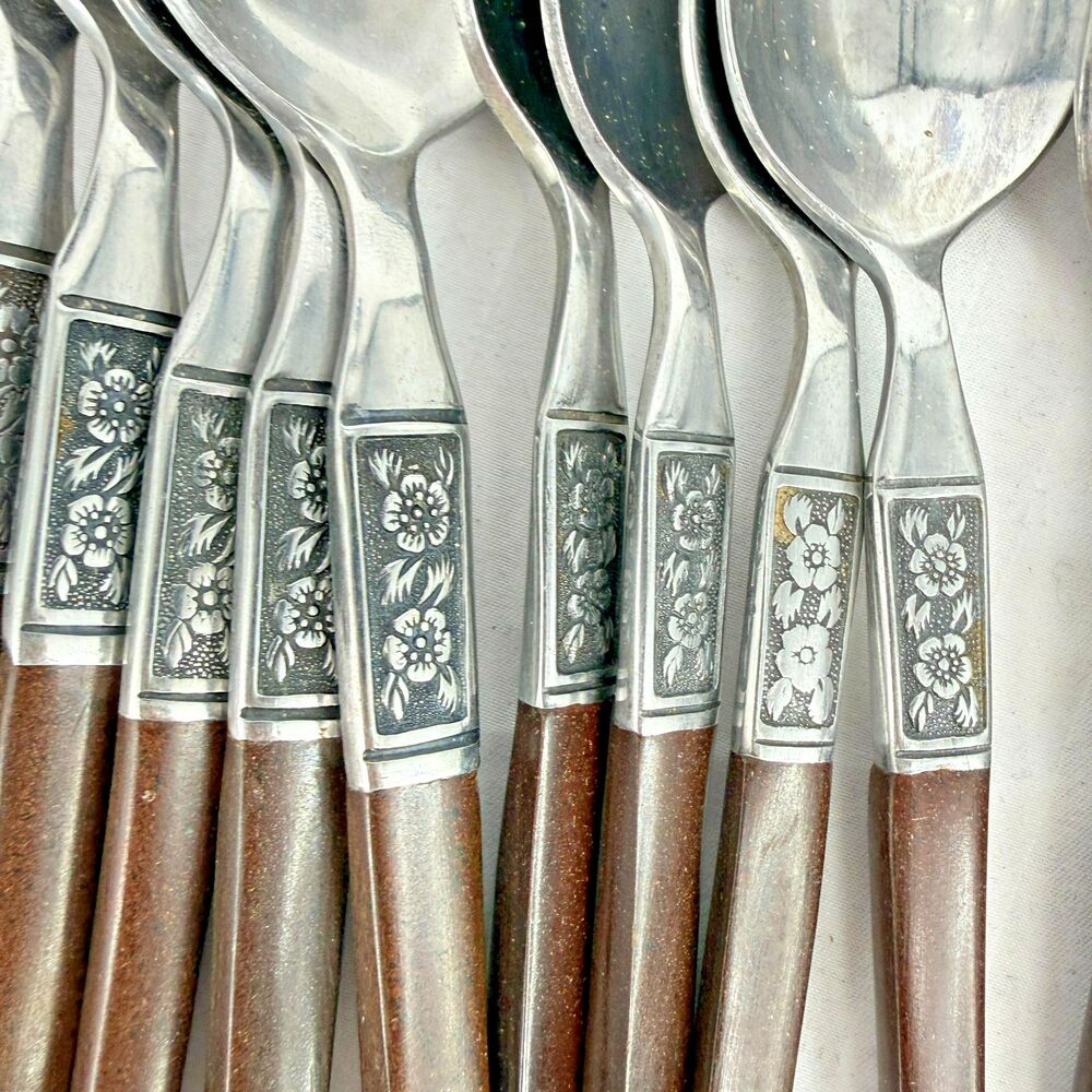 Vintage Ekco Eterna Canoe Muffin Flatware Lot 43 MCM Faux Wood Stainless Japan